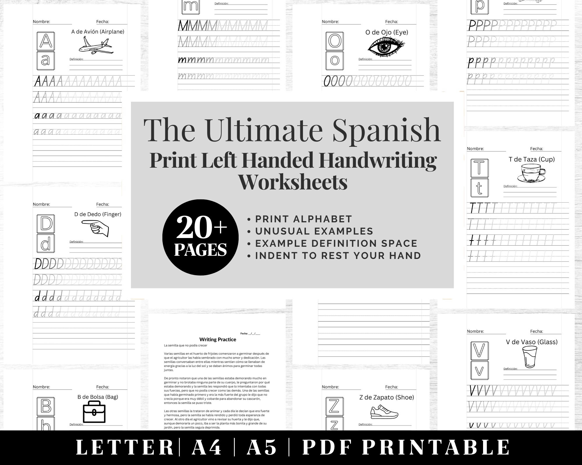 Spanish Print Handwriting Practice Worksheets Printable Neat Handwriting Workbook Left Handed Adult Hand Lettering Workbook Penmanship