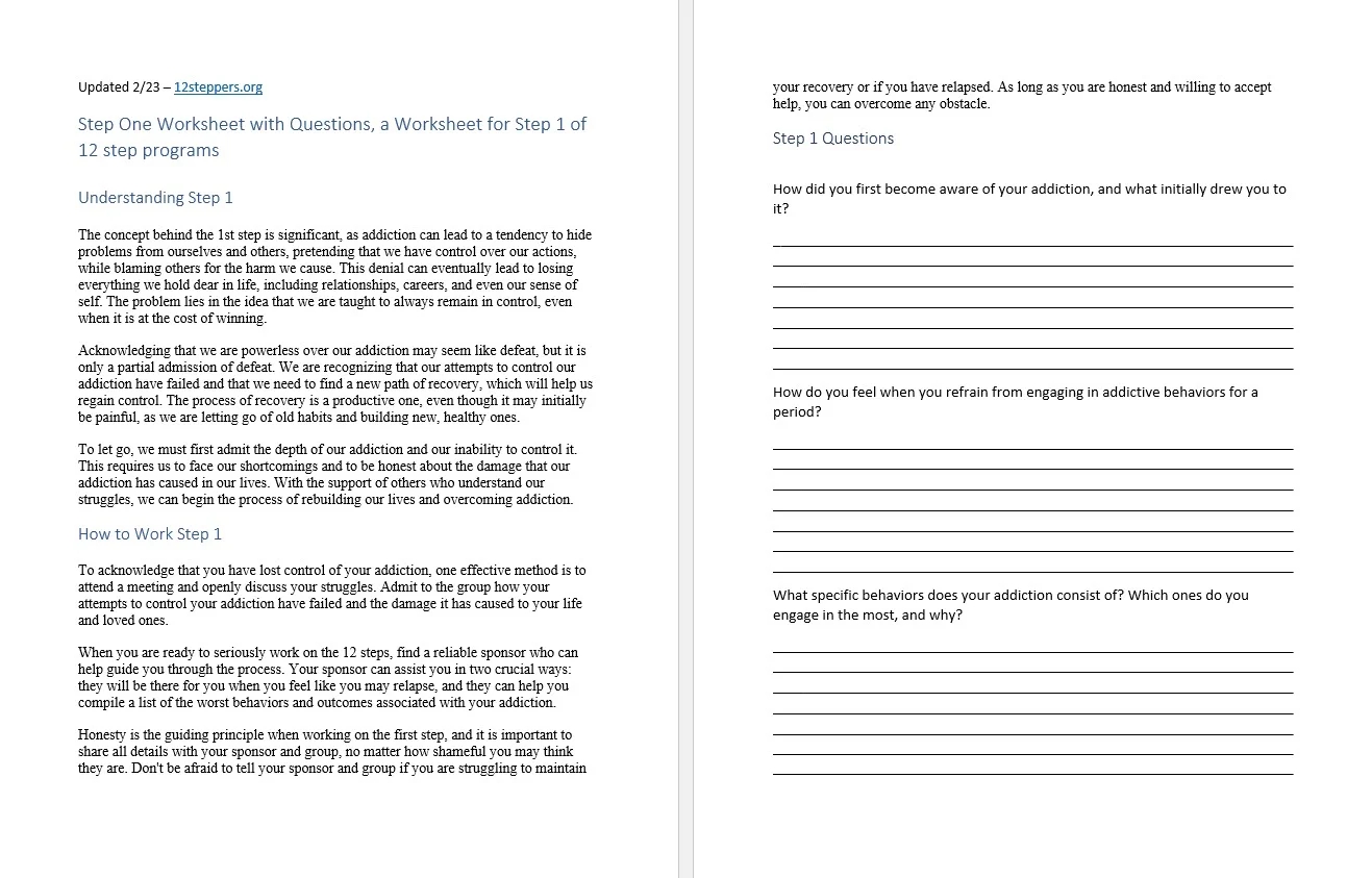 Step 1 Worksheet With Questions Free PDF Download Print 12 Steppers