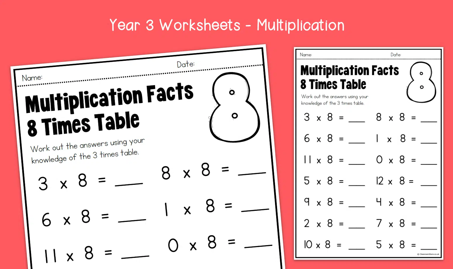 Year 3 Multiplication Facts 8 Times Table Worksheets KS2 Multiplication Primary Maths