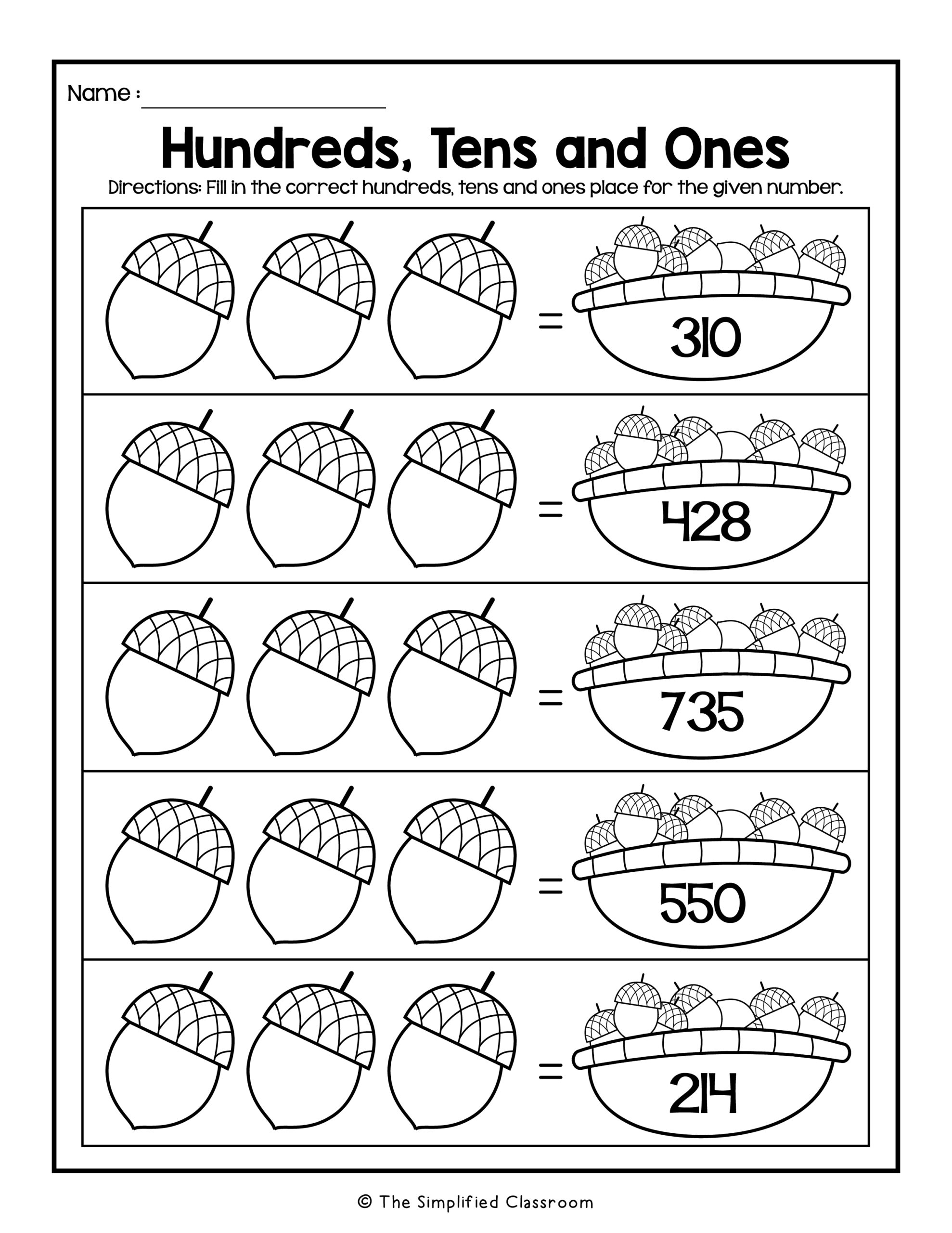 fall themed place value math worksheets the simplified classroom