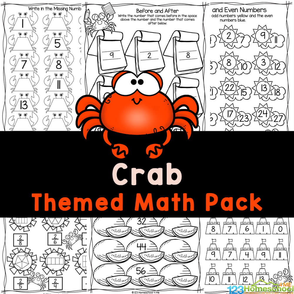 free summer crab math worksheets for preschool and kindergarten