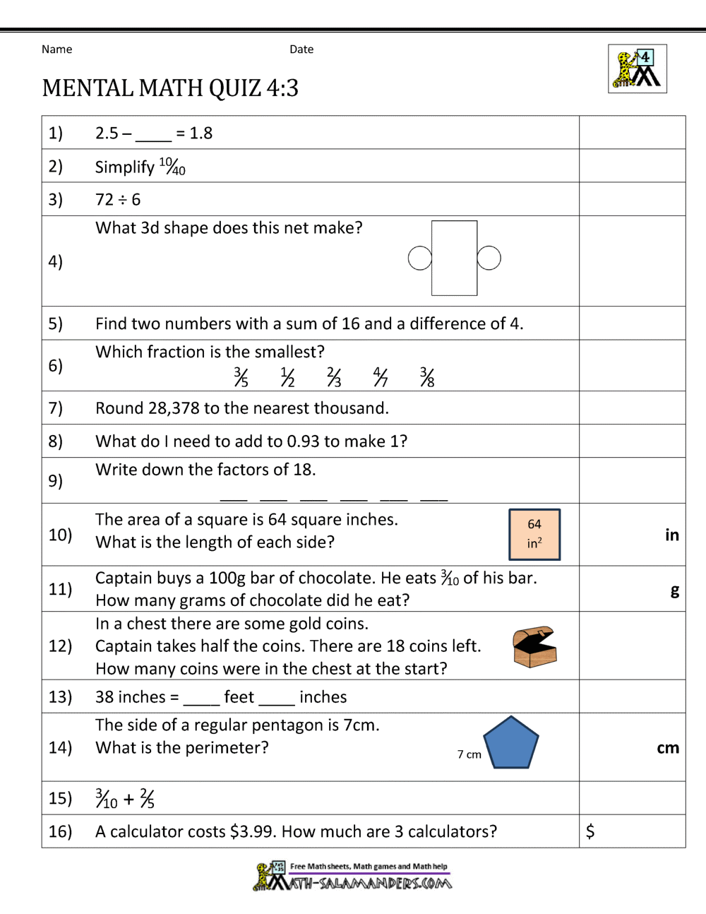 Free Printable Math Worksheets For 4th Grade